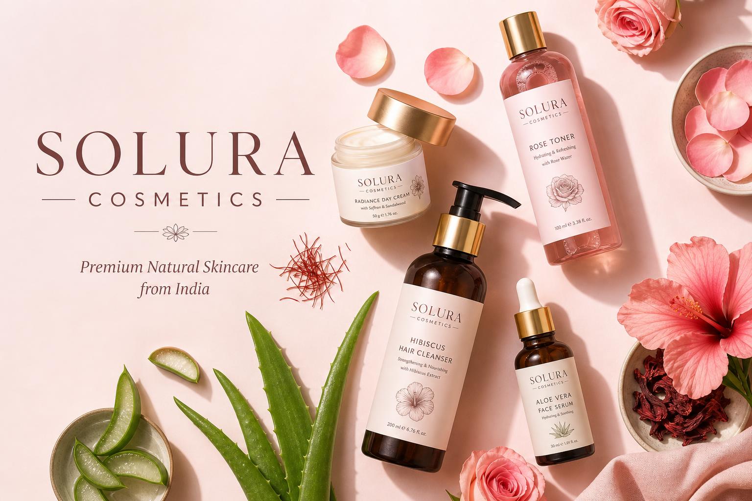 Solura Cosmetics natural skincare and haircare collection — rose toner, hibiscus hair cleanser, aloe vera face serum and radiance day cream